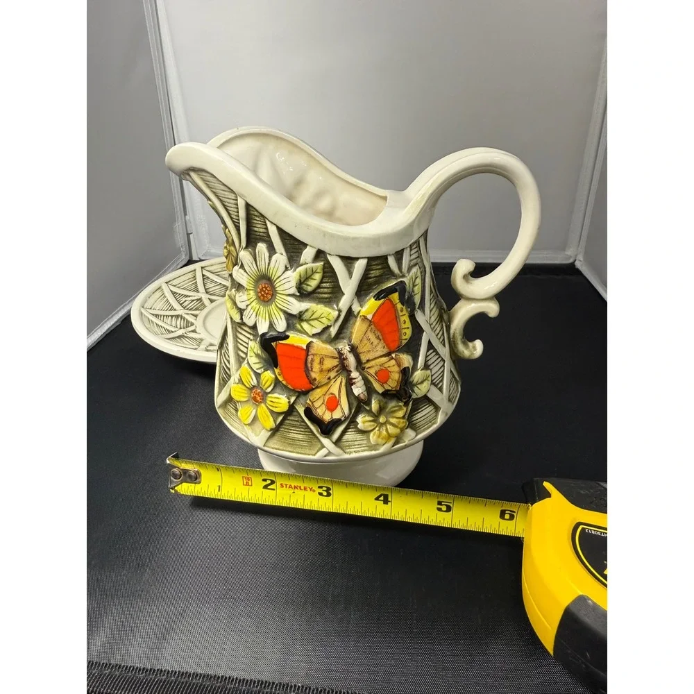1970 Vintage Wales Ceramic Butterfly Flower‎ Pitcher Vase and Saucer Plate set